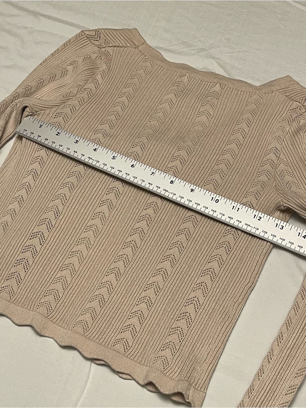 Y2K Dainty Pointelle Open-Knit Tie Front Earth Tone Crop Cardigan Scalloped Hem - Picture 5 of 6